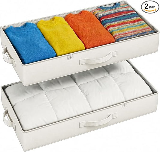 TidyCorner 2-Pack Under Bed Storage Containers, 4.5 Inches Tall Low Profile Underbed Clothes Storage Organizer Bin with Sturdy Sidewalls/Bottom, Underbed Storage Bins, Beige