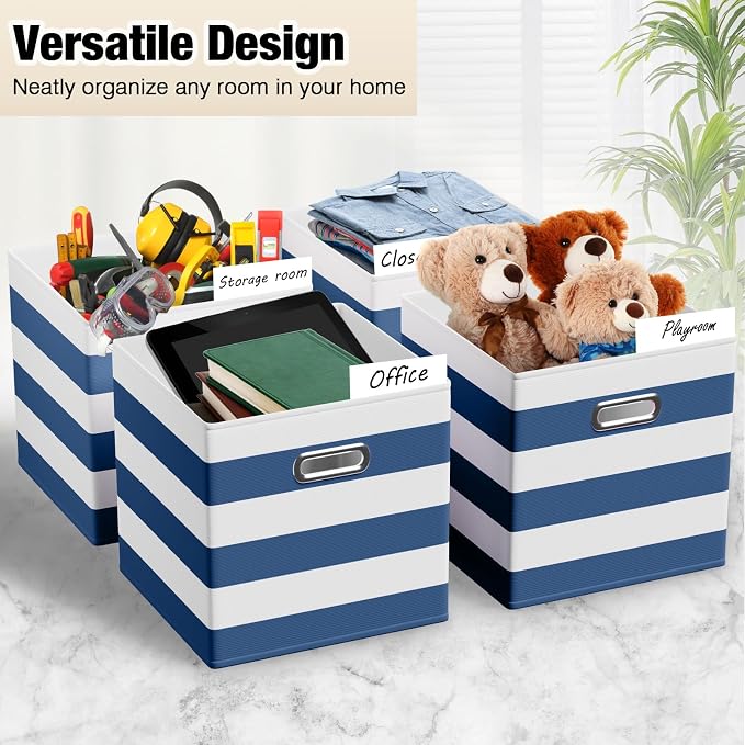 CroBlissful 11 Inch 6 Pack Fabric Storage Cubes with Metal Handles, Back to School Collapsible Organizer Bins for Classroom, Closet, Student Room, Toys and School Supplies (Blue and White)