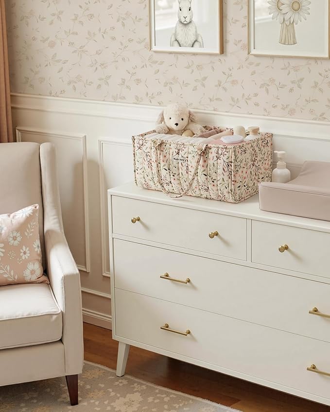 Blissful Diary Floral Diaper Caddy Organizer, Stylish Nursery Storage Basket, Diaper Bag,Gift for Baby Shower, Baby Registry Must Have, Newborn Essentials, Pastoral Daisy