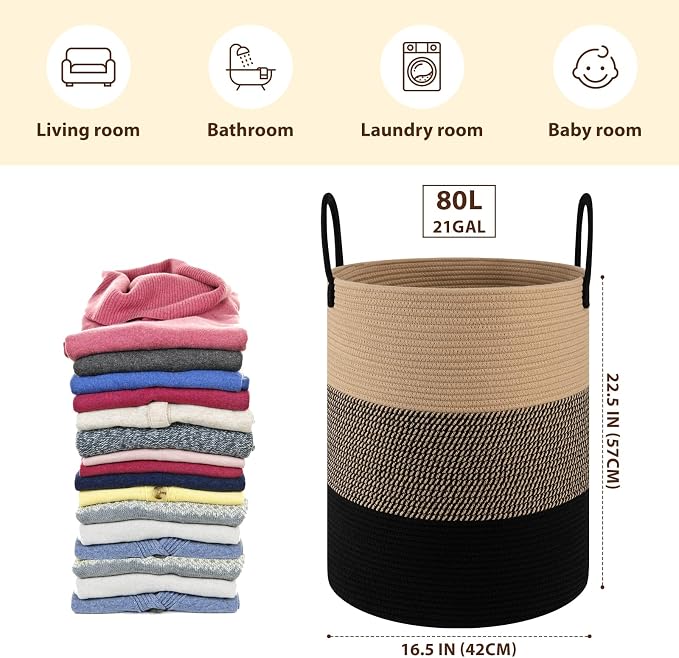OIAHOMY Large Laundry Basket Hamper - 80L Cotton Rope Woven Basket for Blankets, Toys, Clothes - Tall Decorative Nursery Hamper with Long Handles, Yellow/Black