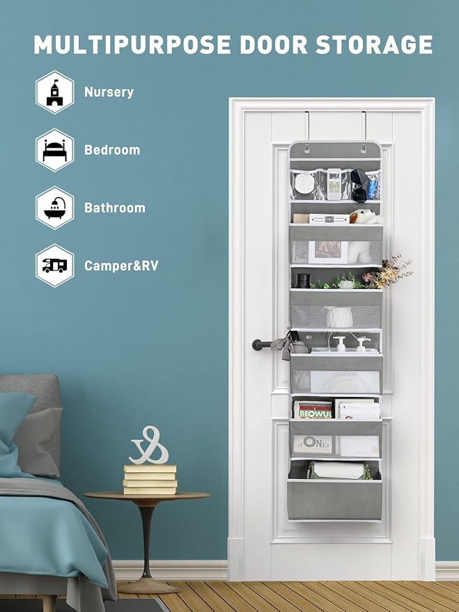 Yecaye Over the Door Storage Organizer for Nursery Closet 6 Tier Grey | 2 in 1 Swing-proof Hanging Bathroom Storage Organization, Bedroom Organizer and Storage for Newborn Baby Essentials