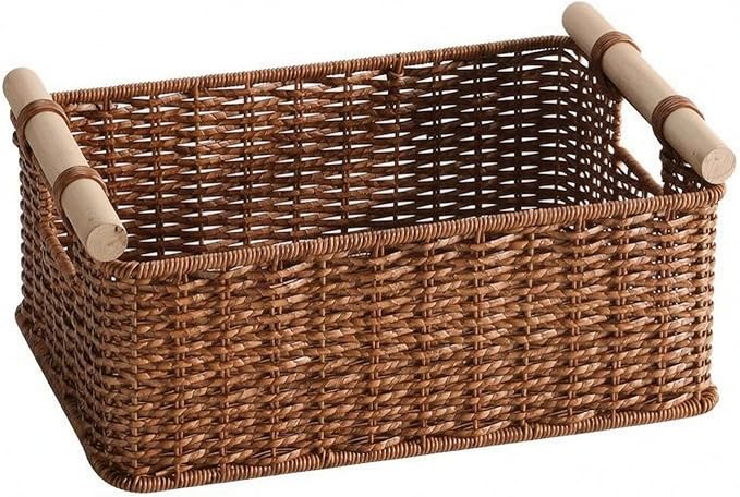 Rectangular Open Top Basket Reinforced Handwoven Rattan Box Decorative, Walnut Rattan