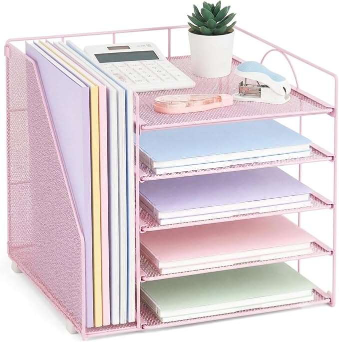 LEKETREE Desk Organizers and Accessories, 5-Tier Paper Letter Tray Organizer with File Holder, Desktop Organizer for Office Supplies (Pink)