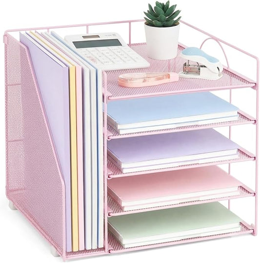 LEKETREE Desk Organizers and Accessories, 5-Tier Paper Letter Tray Organizer with File Holder, Desktop Organizer for Office Supplies (Pink)
