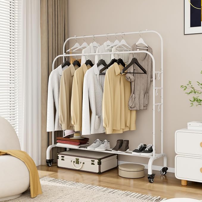 SUOERNUO Clothes Rack with Lockable Wheels Double Rods Metal Garment Racks | Portable Heavy-Duty Clothing Rack with Bottom, Rolling Clothes Shelves for Bedroom Laundry Living Room, White