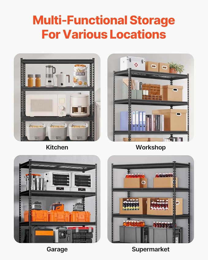 VEVOR Storage Shelves, 2500 lbs, 5 Tier Heavy Duty Garage Shelving, 18" D x 48" W x 72" H Adjustable Metal Shelves for Industrial Shelving Unit Utility Shelf, for Kitchen, Warehouse, Basement, Black