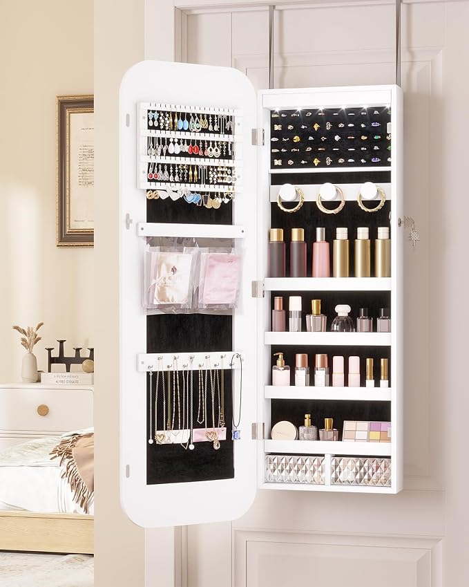6 LEDs Mirror Jewelry Cabinet Door Hanging, 42.5", Lockable, White | Jewelry Organizer with Full Length Mirror, Wall Mounted Large Jewelry Storage for Earrings, Rings, Necklaces