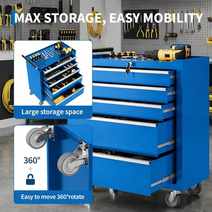 Garvee Rolling Tool Chest, 5 Drawers Tool Storage Cabinet, Toolbox with Wheels, Portable Tool Cabinet Organizer with Locking System & Drawer Liners, Tool Storage Cart for Garage, Workshop, Blue