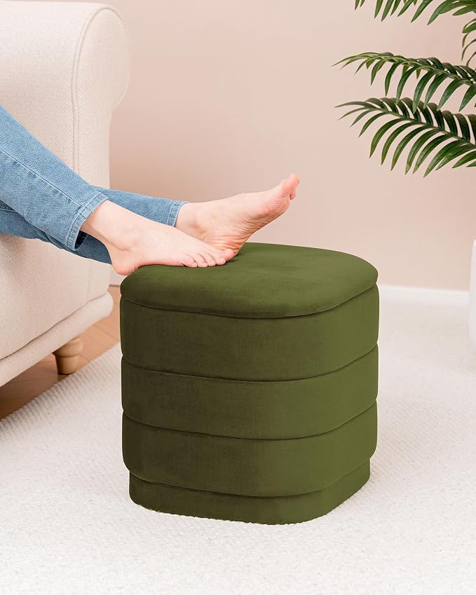 B FSOBEIIALEO Velvet Storage Ottoman with Tray, Square Folding Ottoman with Storage Coffee Table Foot Rest for Dorm Room, Living Room Olive, 15"x15"x15"
