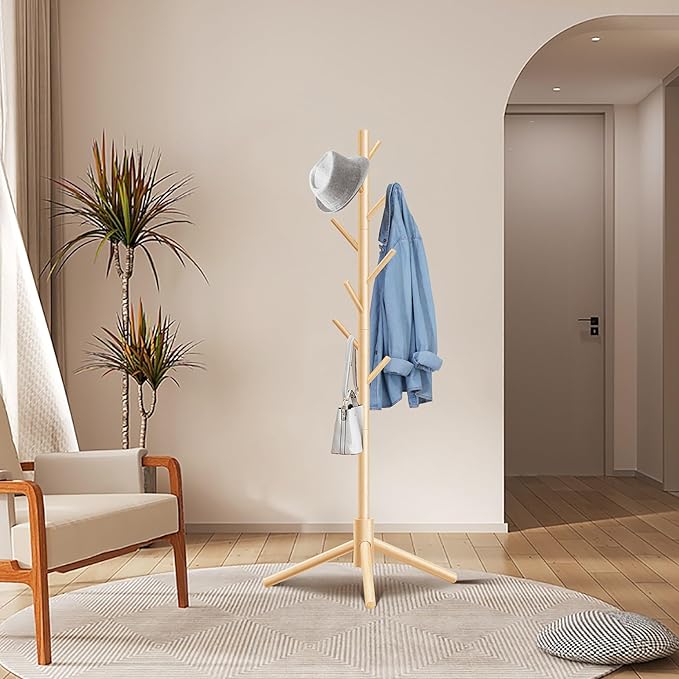 Unisakey 8-Hook Freestanding Wooden Coat Rack 3 Adjustable Heights Nature | Stable Triangular Base for Safety,Durable Construction,Simple Tool-Free Assembly,Ideal for Bedroom Hallway Office Entryway