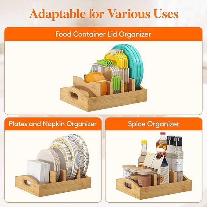 Lifewit Bamboo Lid Organizers for Inside Cabinet, Food Storage Container Lid Holder with 4 adjustable Inserts & 5 Sections, Kitchen Pantry organizer and storage, 10.6" X 8.3"
