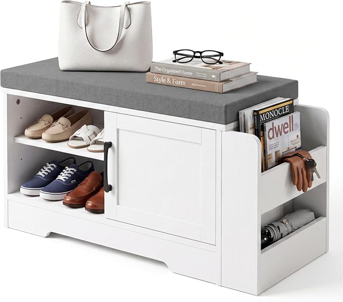 GRUSIGN 27.8" Shoe Storage Bench with Cushion, Entryway Shoe Cabinet, White | 3-in-1 Shoe Storage Bench, Adjustable Shelves, Removable Cushion, 300 lbs Capacity, Entryway, Apartment, Families