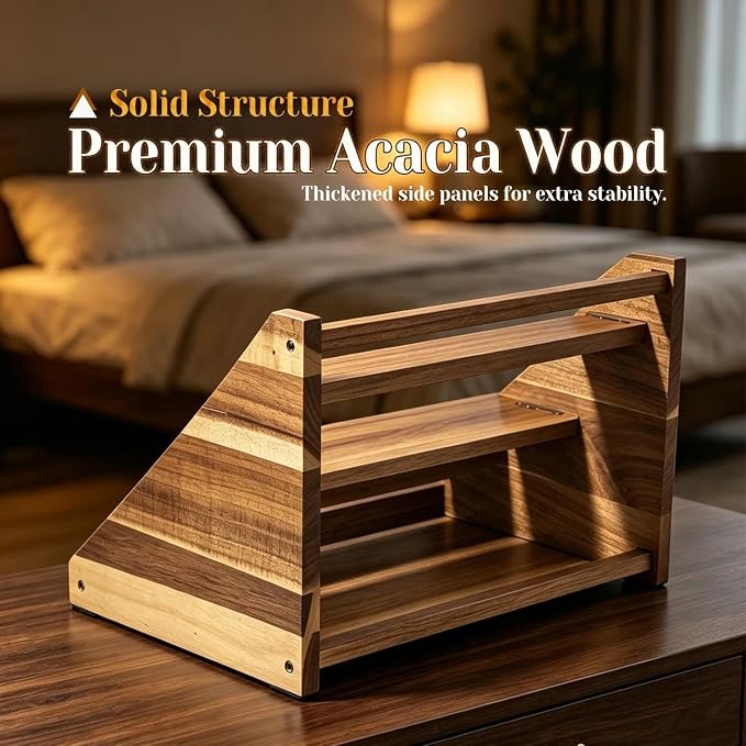 Acacia Wood 4 Tier Slanted Cologne Stand for Men, Wooden Fragrance Display Rack for Dresser Counter Bathroom Vanity