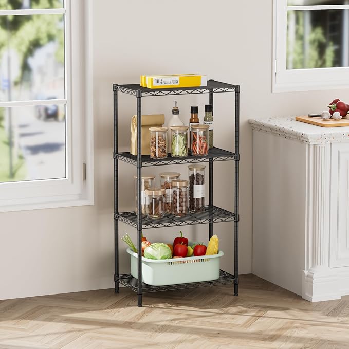 SINGAYE 4 Metal Shelves Wire Shelving Storage Shelf Adjustable Unit Pantry | 4 Tier Kitchen Laundry Room Organization Home Pantry Closet Bathroom Organizers Garage Rack 14" D x 24" W x 48" H Black