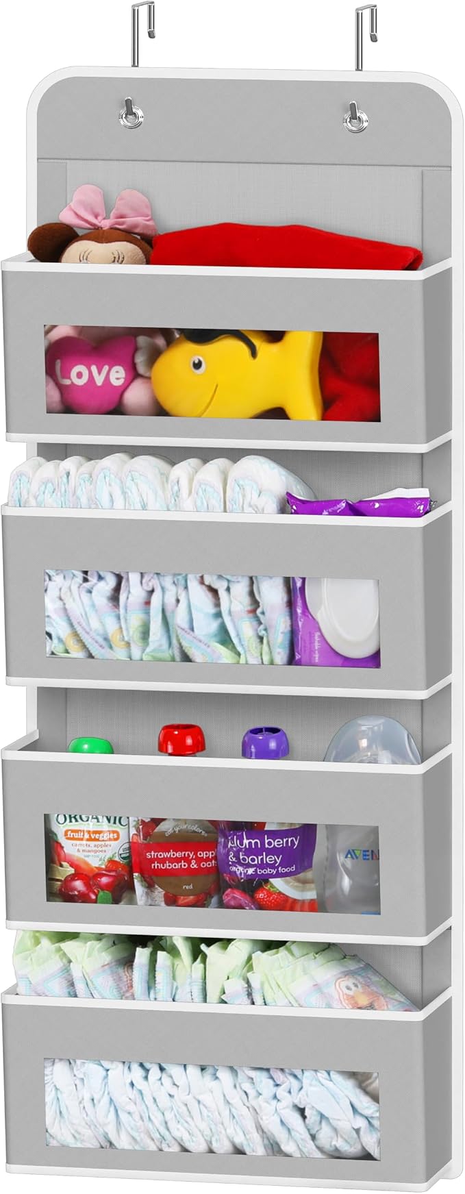 Simple Houseware 4 Clear Window Pocket Over Door Hanging Organizer, Gray | Over the Door Storage for Closet, Bedroom, Bathroom, Pantry