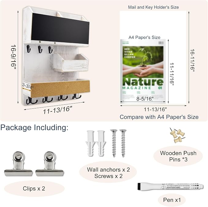 Mail Organizer Wall Mount，Key Holder Mail and Key Organizer for Wall with Shelf, Chalkboard, Corkboard, Home Decor for Room Office Entryway(Ivory White)