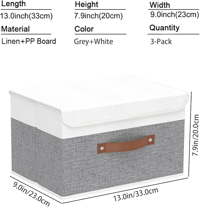 Yawinhe Collapsible Storage Bins,White/Grey,13.0x9.0x7.9in,3-Pack | Fabric Storage Box with Lids, Washable Cube Organizer Basket; Fabric Container with Leather Handle,Closet Organizer for Home
