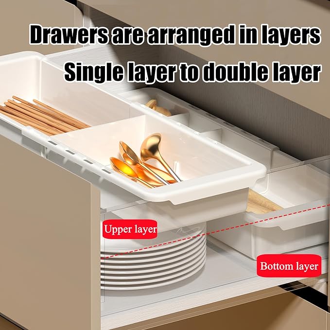 YOOUSOO Expandable Drawer Organizer, 2 PCS Adjustable Drawer Organizer Trays, Drawer Dividers Organizers and Storage For Office Supplies, Pens, Makeup,Utensils, Tools, Flatware and Junks, White | Drawer Dividers Organizers and Storage For Office Suppli...
