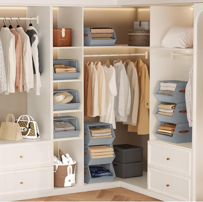Stackable Closet Organizers and Storage Bins, Open Front Closet Shelf Organizer System With Steel Frame, Clothes Storage Basket Fabric, Collapsible Closet Drawers for Wardrobe, Nursery ,Toy, 6 Pack