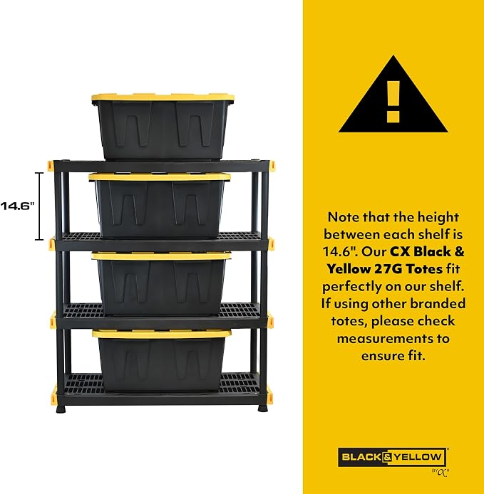 CX Heavy Duty 27-Gallon Stackable Plastic Storage Bins with Lids, 4 Pack | Storage totes for garage organization, Stackable containers, weather-resistant, snap lid, 14.3H x 20.6W x 30.6D, Black/Yellow