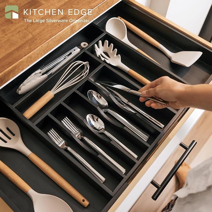 KitchenEdge Silverware & Utensil Drawer Organizer, 16-28 in, Black Bamboo | Cutlery, flatware, food-safe contract grade, kitchen drawer fit