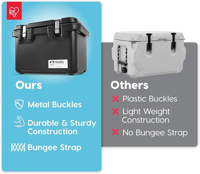 IRIS USA Hugel 44 Qt Cooler, Metal Buckle, Leak Resistant, Rotomolded, Gray | Bungee straps for ice pack storage, Heavy Duty, Molded Handles, Portable, Vacuum Insulation