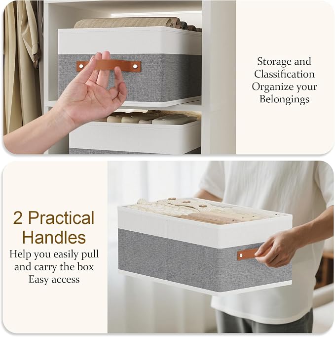 Fabric Storage Boxes,16.1×9.8×6.5In,White/Grey Bins,6Pack | Storage Baskets with Handles,Collapsible Clothing Bins,Fabric Drawers,Closet Organizer for Shelves Wardrobe