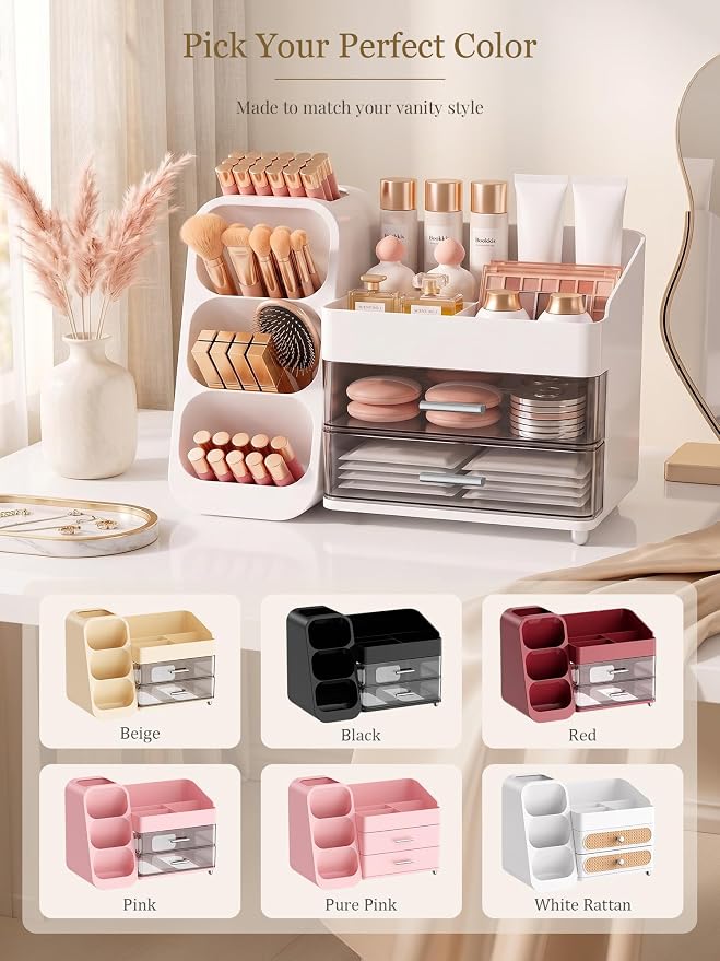 Booklov Large Makeup Organizer for Vanity Countertop, White | Clear Acrylic Cosmetic Display Case, Beauty Brush Holder for Bathroom Counter, Make Up Skincare Lipsticks Storage