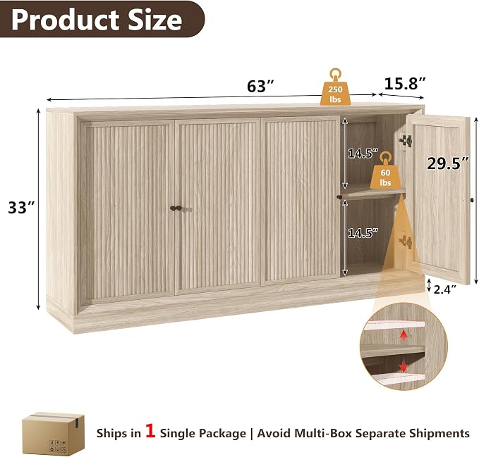 Hlivelood 63” Fluted Sideboard Buffet Cabinet with Storage, Mid Century Modern Wooden Credenza with 4 Doors & Adjustable Shelves, Beveled Edge Storage Cabinet for Kitchen, Living Room (Natural Oak)