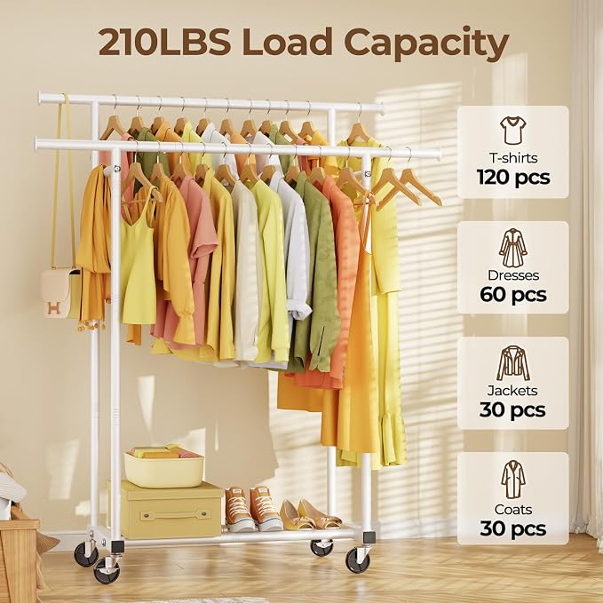 HYSEYY Double Rods Clothes Rack, Rolling Clothing Rack for Hanging Clothes Portable Wardrobe Rack, Metal Garment Rack Sturdy Coat Rack for Bedroom Laundry Living Room, White