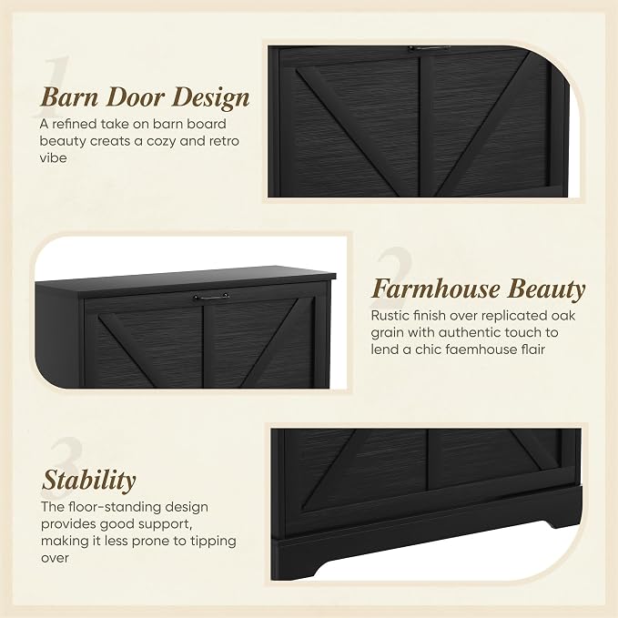 Semiocthome Farmhouse Shoe Storage Cabinet with 2 Flip Drawers, 31.5"(W) Freestanding Shoe Organizer with Barn Door and Metal Handles for Entryway, Corner Rustic Narrow Shoe Rack Cabinet - Black
