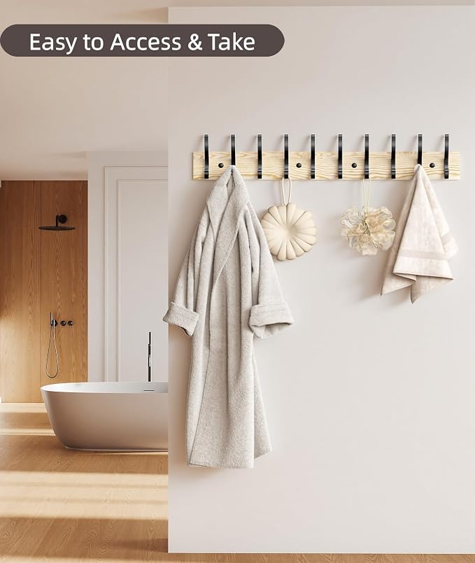 Optish 1 Pack Wooden Coat Rack Wall Mount, 16.1" Rustic Coat Hanger Hooks with 5 Double Hooks, Wall Coat Rack for Hat, Clothes, Bags, Jacket, Natural Wood