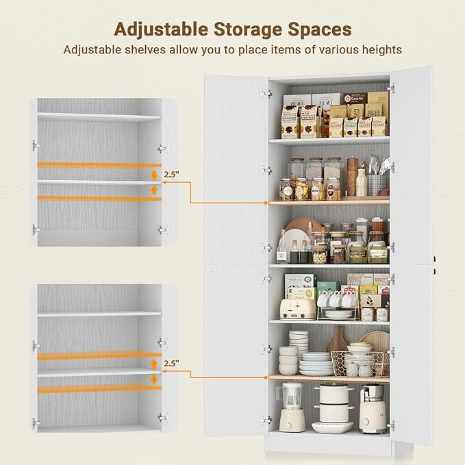 Cyclysio 80" Kitchen Pantry, Extra Tall Arch Storage Cabinet with 4 Soft Close Doors and Adjustable Shelves, Freestanding Wood Cupboard with Seamless Fit Wall for Dining Living Room Bathroom Furniture
