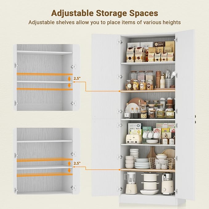 Cyclysio Storage Cabinet Set of 2, 80" Tall Arched Bookcase with 4 Soft Close Doors, 12-Tier Wooden 2 Set Pantry with Adjustable Shelves, Seamless Fit Wall for Home Office, Living Room, Kitchen