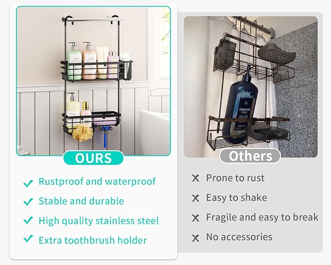 HapiRm Hanging Shower Caddy – For Renters & Small Bathrooms, Fits Shower Curtain Rods, No Drilling, 2 Rustproof 304 Shelves, 4 Hooks, and a Detachable Toothbrush Holder You Can Rinse - Black