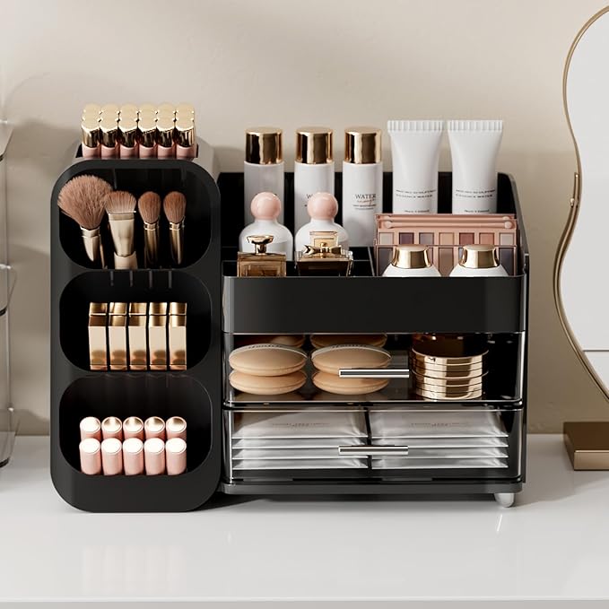 UFORU Makeup Organizer Countertop with Brush Holder for Vanity Bathroom | Large Capacity, Thickened Plastic, 2 Clear Drawers, Compact Size, Detachable Brush Holder, Divided Compartments, Easy Access