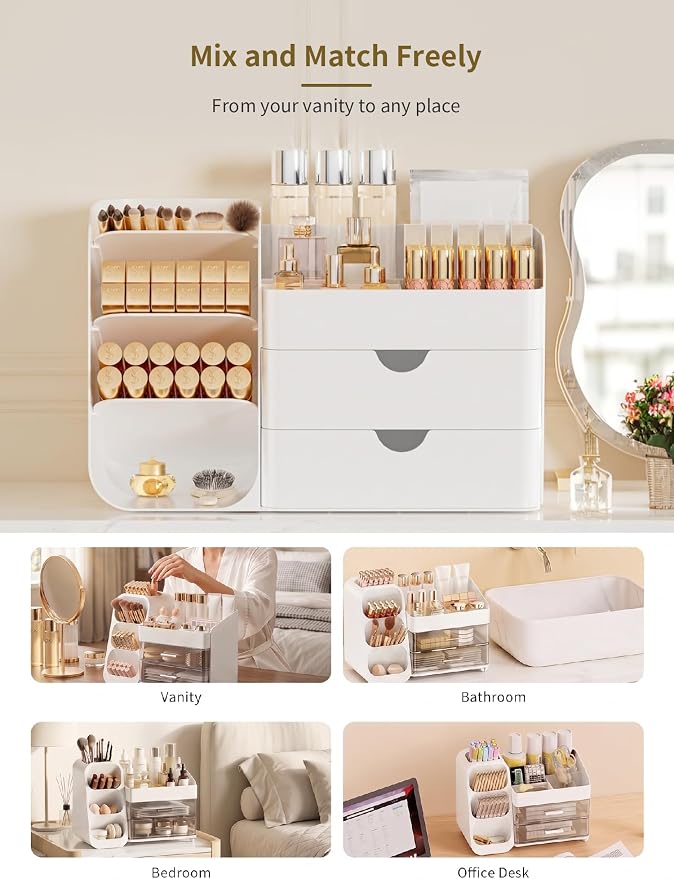 Booklov Small Makeup Organizer for Vanity Countertop, White | Plastic Cosmetic Display Case with Drawers, Beauty Brush Holder for Bathroom Counter, Skin Care Perfumes Storage