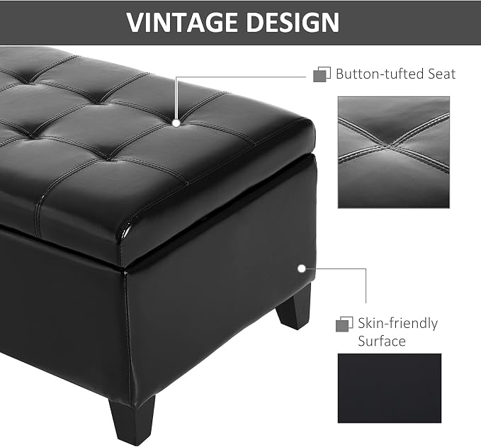 HOMCOM 51" Ottoman Storage Bench Faux Leather Storage Chest Black | Lift Top, Tufted Ottoman, Living Room, Entryway