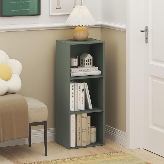 Furinno LUDER Book Shelf, 3-Cube Bookshelf, Bookcase with Open Shelves, 9.3 x 12 x 31.5, Easy Assembly, for Living Room, Bedroom, Home Office, Sage Green