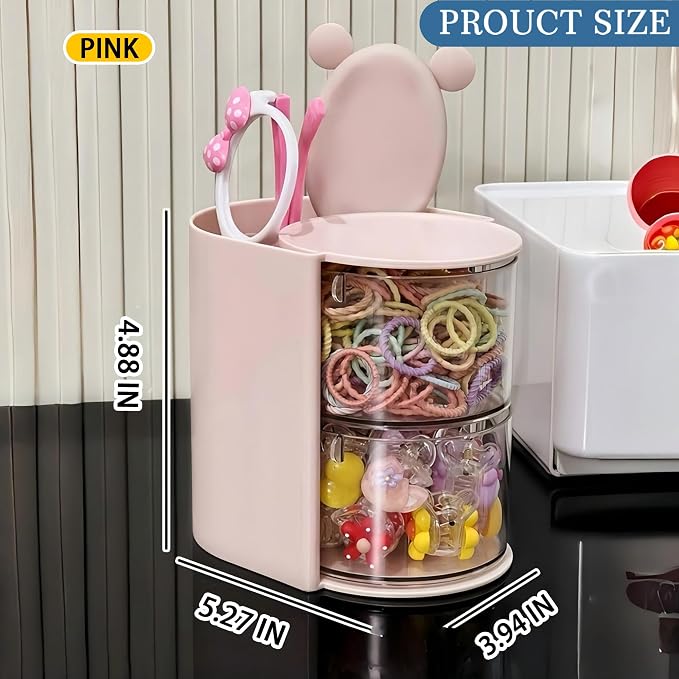 Azurphoric Hair Accessories Organizer with Hair Brush Holder(Pink, 2-Layer) | Rotatable Makeup Brush Holder for Necklaces, Earring, Bracelet, Ring, Makeup Brushes, Hair Clip and Hair Accessories
