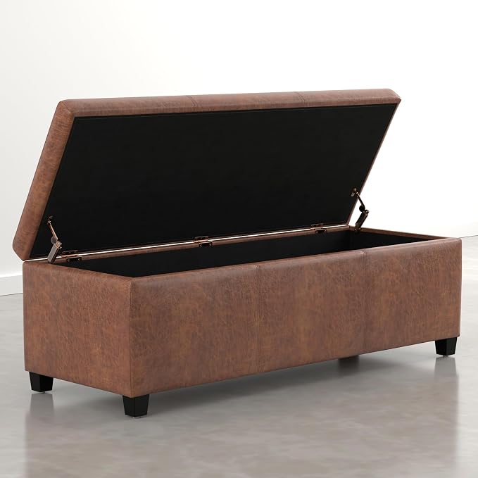 SIMPLIHOME Avalon Storage Ottoman Bench - 48" Wide x 16" High Upholstered Vegan Leather Rectangular Lift-Top Ottoman in Distressed Pecan Brown, Contemporary Storage Bench with High-Density Foam
