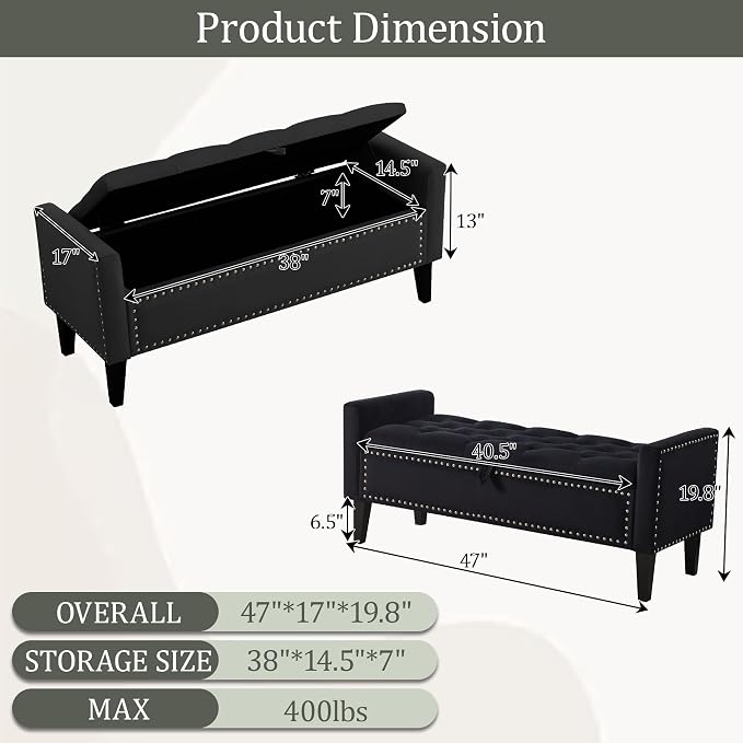 47in Velvet Storage Ottoman Bench with Arms, Upholstered Storage Bench with Wooden Legs, Storage Bench for Bedroom, Living Room, Entryway, Black