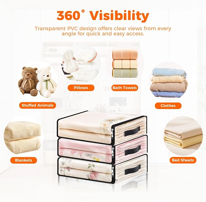 SpaceWhisper Clear Sheet Storage Bags, 8 Pack, 15.7 x 13.8 x 3.9 in | Sheet organizers and storage, zippered closure, thick plastic, reinforced handles, clothes, blankets, under-bed storage