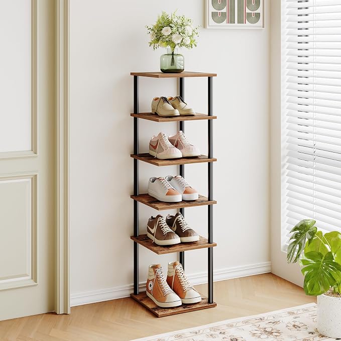 HOOBRO Vertical Shoe Rack, 6-Tier Narrow Shoe Shelf, Shoe Storage Organizer for Small Space, 11" L x 11" W x 39.5" H, Closet, Entryway, Hallway, Bedroom, Rustic Brown and Black BF21XJ01