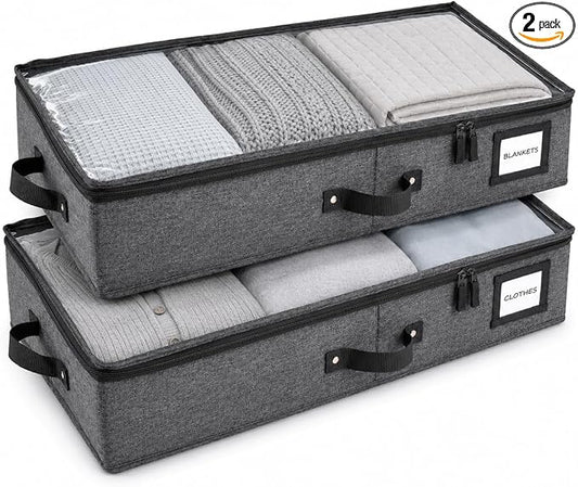 2pc Under Bed Storage Containers, Bedroom Under the Bed Drawer Storage Organizer with Bins and Lids, Medium Underbed Clothes Storage Box Ideal for Blanket, Fabric, & Shoes (Dark Gray)