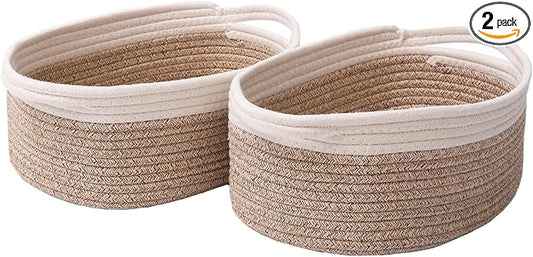 JMvicyroam Small Woven Basket, Empty Gift Basket, White&Oatmeal/2 Pack | Small Gift Basket, Cotton Rope, 12 x 8 x 73 in, Handles, Includes Ribbon and Bag, Birthday Gift Basket