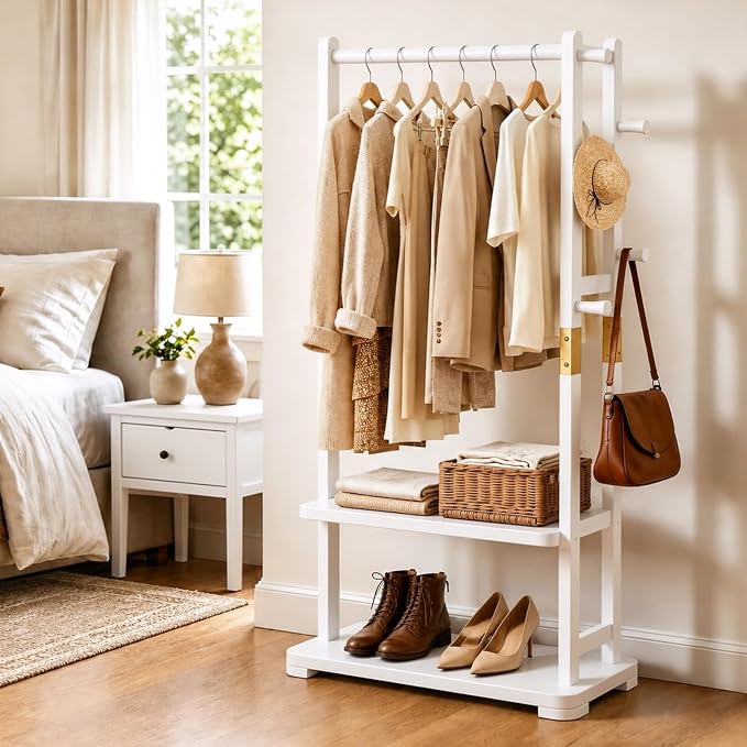 Solid Wood Clothes Rack with 2 Shelves & 4 Hooks for Hanging Clothes Garment Wallets Hats, White Clothing Rack Heavy Duty Coat Rack Freestanding with Storage Hall Tree for Hallway Bedroom Living Room | Hallway bedroom living room, durable wood construc...