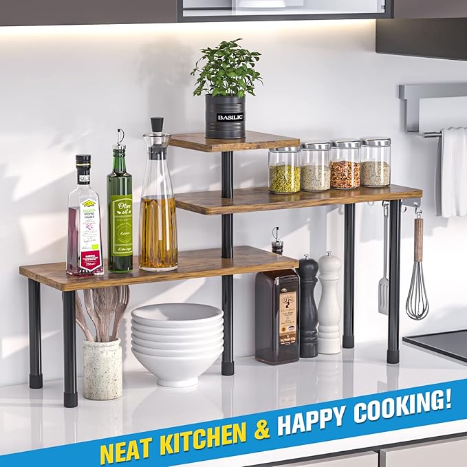 JayRex Kitchen Countertop Organizer 3-Tier Corner Shelf, Rustic Brown | Space-saving corner design organizes spices, skincare and toiletries on kitchen and bathroom counters.