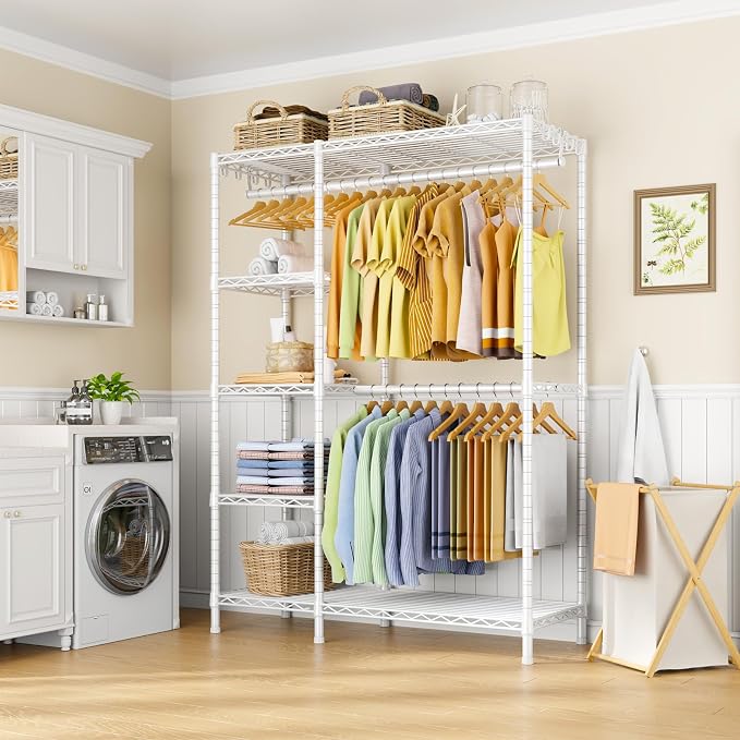 F2 Clothes Rack, 5 Tiers Heavy Duty Garment Rack for Bedroom | Freestanding Adjustable Closet Storage Organizer, Portable Clothing Wardrobe, 46.1"W x 15.4"D x 78.3"H, Load 630lbs, White