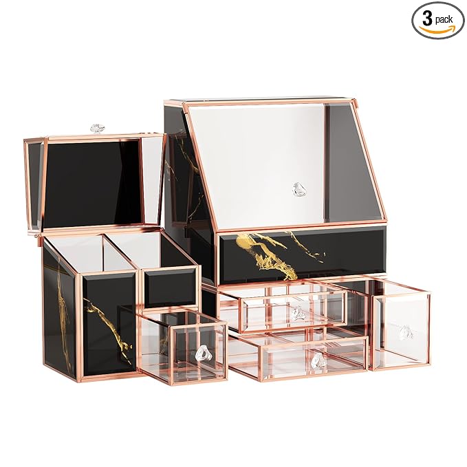 CoralHouse Glass Makeup Organizer with Brush Holder for Vanity | Black Skincare Organizer for Vanity, Stackable, Large Capacity, for Makeup Lipstick Perfumes Brush Skincare